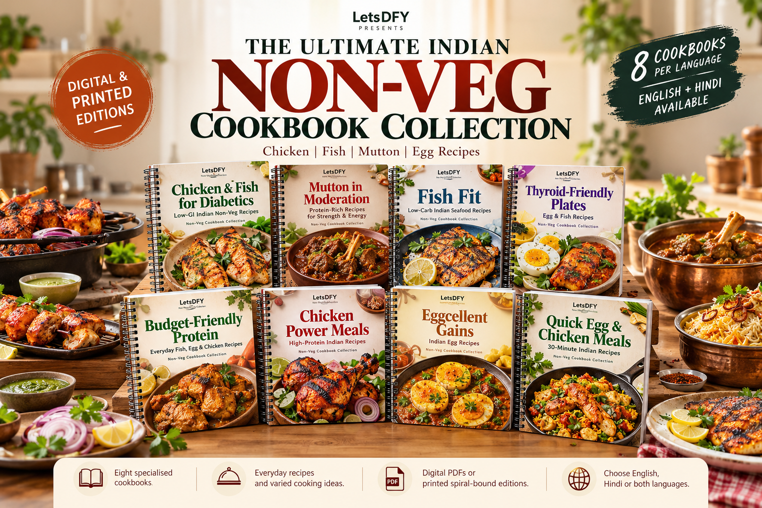 The Ultimate Indian Non-Veg Cookbook Collection, featuring eight printed spiral cookbooks